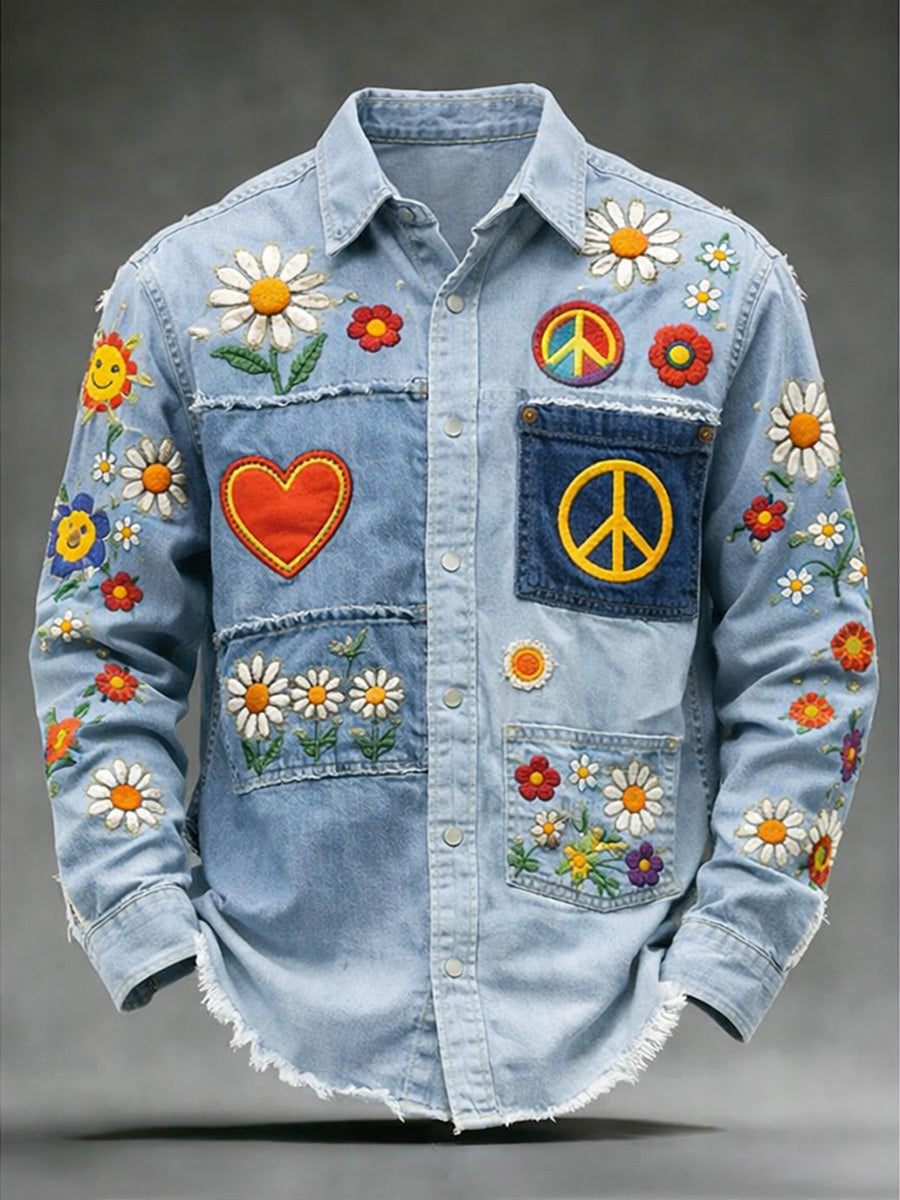 Men's Hippie Art Print Cotton Vintage Casual Cotton Long Sleeve Shirt